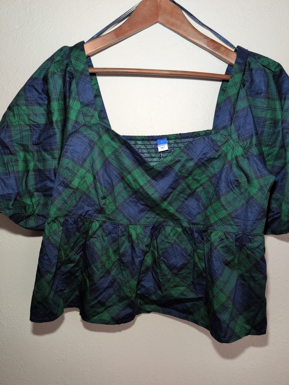 New Old Navy Plaid Peplum L‎ Crop Puff Sleeve Green Blue Smocked Cottagecore